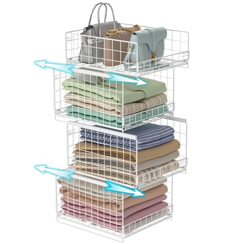 4-tier Sliding Closet Organizers and Drawer Storage Shelves, Stackable Storage Bins for Jean Pants Sweaters, Metal Drawer Slid Clothes Storage Container, Closet Organizers for Clothes-Black