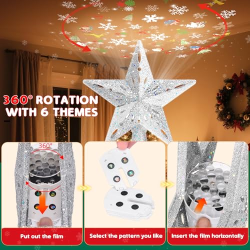 Christmas Tree Topper Lighted with 6 Projection Slides, Snowflake LED Rotating 3D Glitter Tree Topper O28849