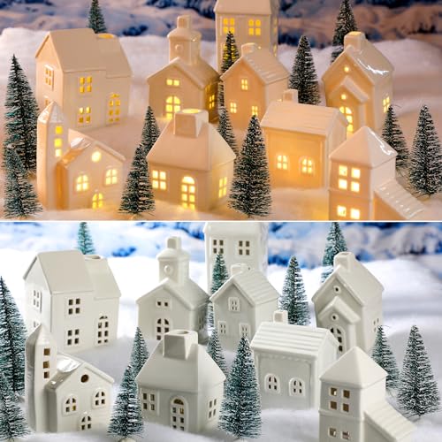 Ceramic Christmas Village Set with Lighted Houses and Trees for Holiday Tabletop Decor C693