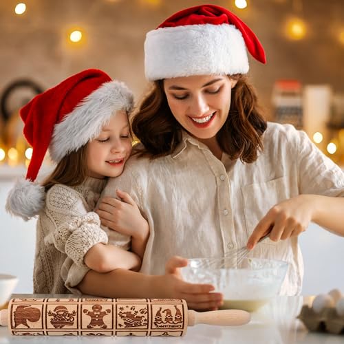 Wooden Rolling Pin for Baking with Christmas Embossed Designs, Includes Cleaning Brush O863