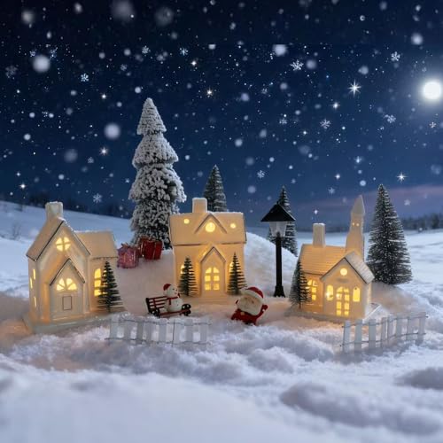 White Ceramic Christmas Village Houses with LED Lights, 3 Pieces with Trees Q945
