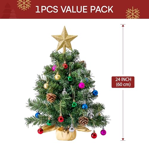 24" Mini Christmas Tree Tabletop Set with LED Lights and Ornaments V8406