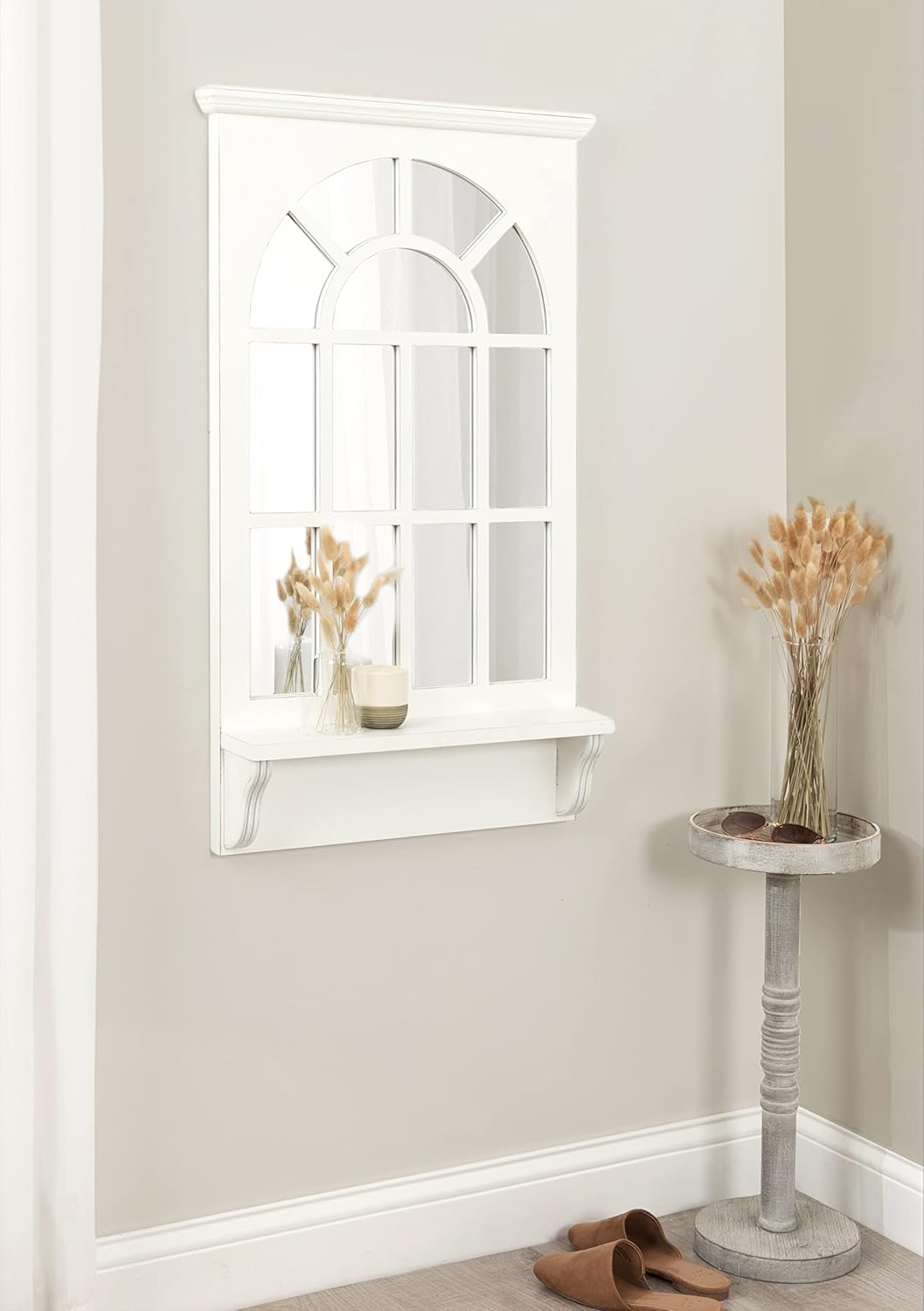 Arched Wall Mirror with Shelf, White, 21 x 36 Z141328