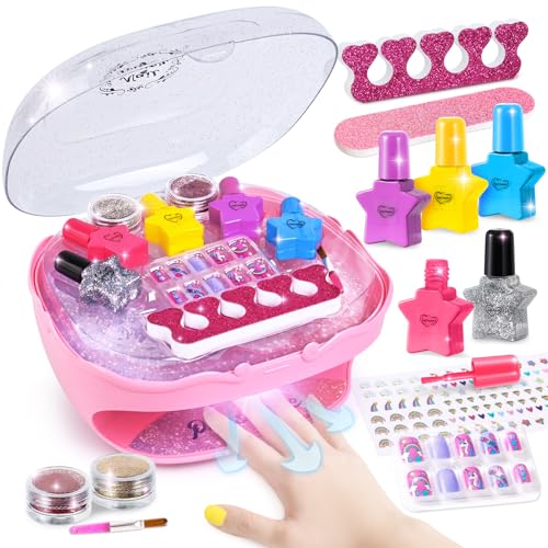 Shemira Nail Polish Kit For Girls Ages 7-12 Years Old, Nail Art Toy For Girls 5 6 7 8 9 10 11 12 Years Old, Nail Art Studio With Pink Nail Dryer For Girls, Ideal Birthday Gifts For Girls 5-7 8-10