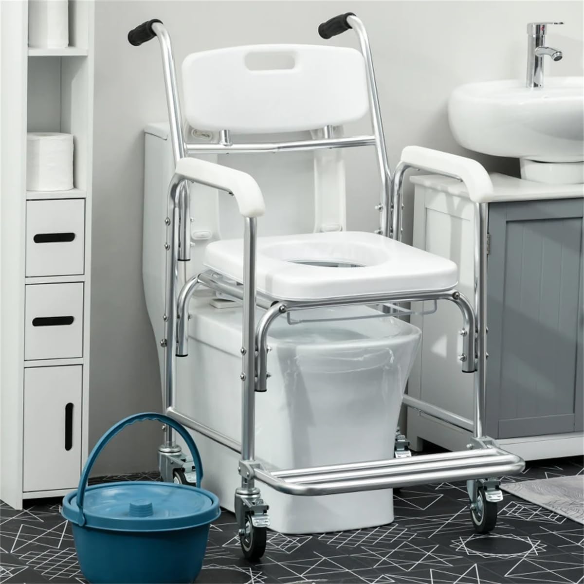 Rolling Shower Wheelchair with Commode, 4 Lockable Wheels - Adjustable for Adults, Elderly, Inside Shower Use, WHITE