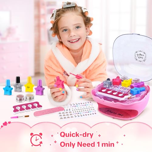 Nail Polish Kit for Girls Ages 7-12, Nail Art Studio with Pink Nail Dryer N565