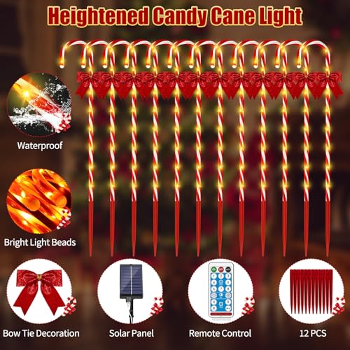 Christmas Solar Candy Cane Pathway Lights, 24PCS 240LED Outdoor Decorations with Red Bow Waterproof E437