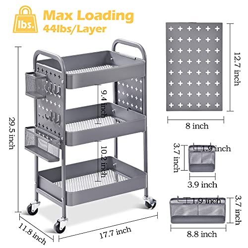 3-Tier Rolling Utility Cart with Pegboards and Baskets, Pink C496735