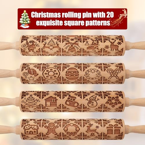 Wooden Rolling Pin for Baking with Christmas Embossed Designs, Includes Cleaning Brush O863