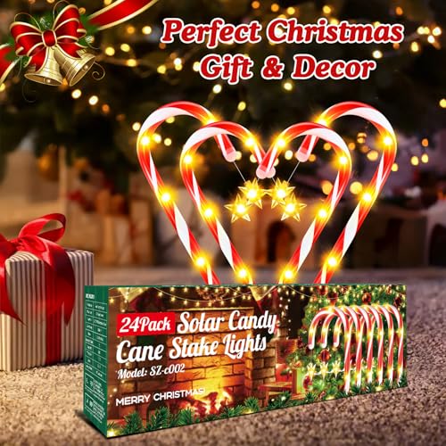 Solar Christmas Candy Cane Lights 24-Pack, Waterproof Outdoor Pathway Decor with 10 Modes Z926129