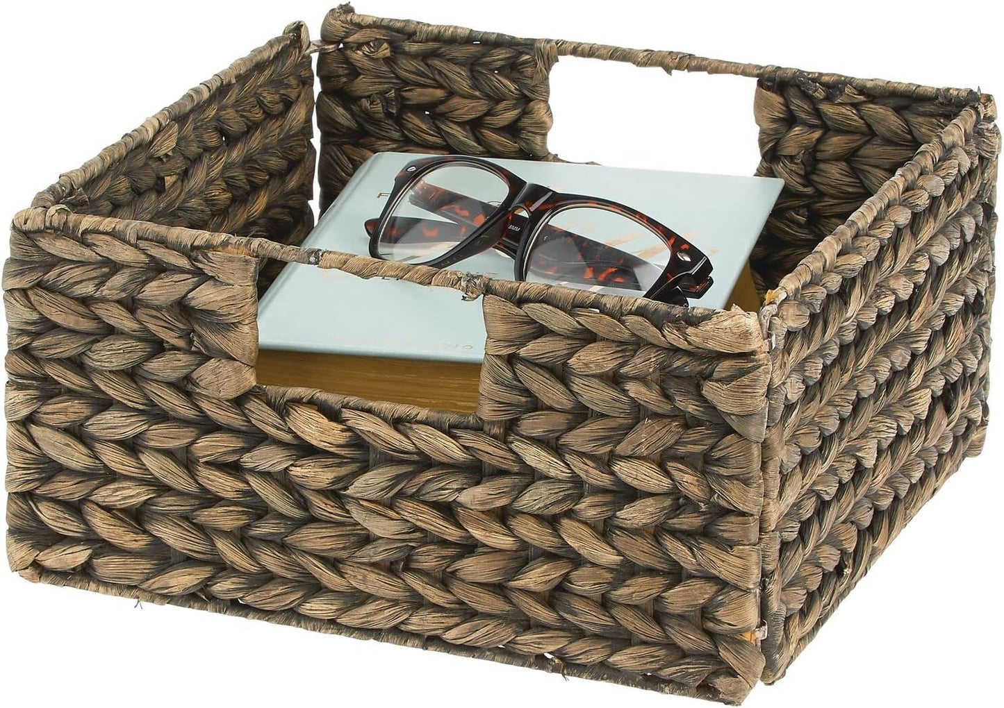 Woven Hyacinth Storage Bin Basket Organizer with Handles, Foldable Square Bins, 4 Pack, Brown Wash C2927