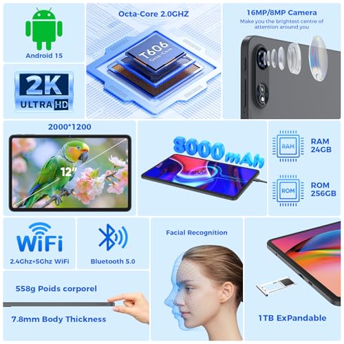 12 inch Android Tablet with Keyboard, 2K Display, 256GB Storage J955286