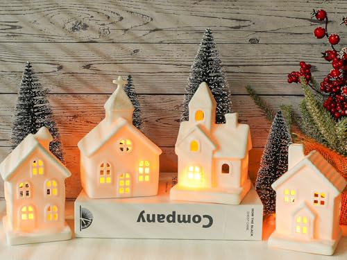 7PCS Christmas Village Sets - 3 LED Lighted Ceramic Houses with Remote & 4 Trees, Porcelain Miniature Decorations X236956