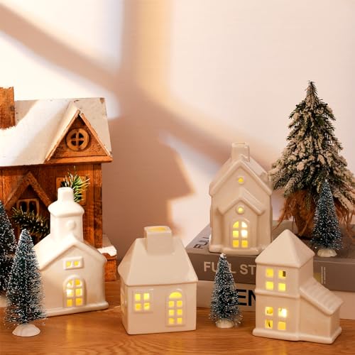 Ceramic Christmas Village Set with Lighted Houses and Trees for Holiday Tabletop Decor C693