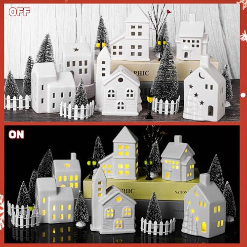 37 Pieces Porcelain Christmas Village Set with 6 Lighted Ceramic Houses and Remote Control LED Tealights B4638