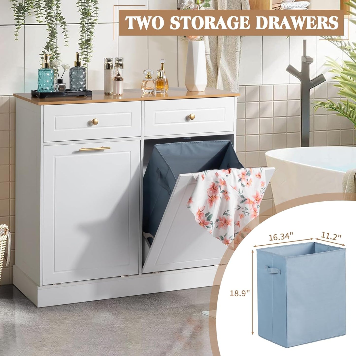 Tilt Out Trash Cabinet with Drawer and Laundry Hamper - White V614
