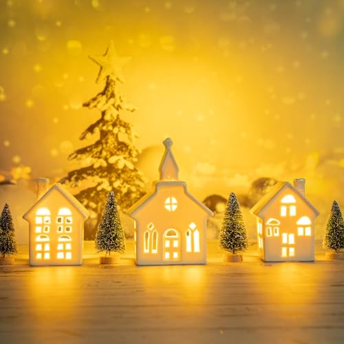 7 Pcs Christmas Miniature Porcelain Village Sets Tabletop Figurine LED House Decorations N8533