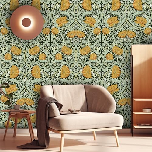 Peel and Stick Wallpaper, Vintage Floral Green Wall Mural, Removable Pre-Pasted Contact Paper for Bedroom O6980