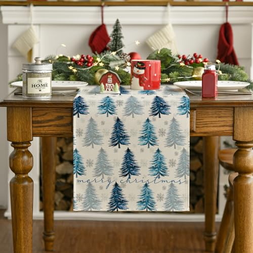 Snowflake Christmas Table Runner, Winter Green Kitchen Dining Decoration 13x72 Inch G642