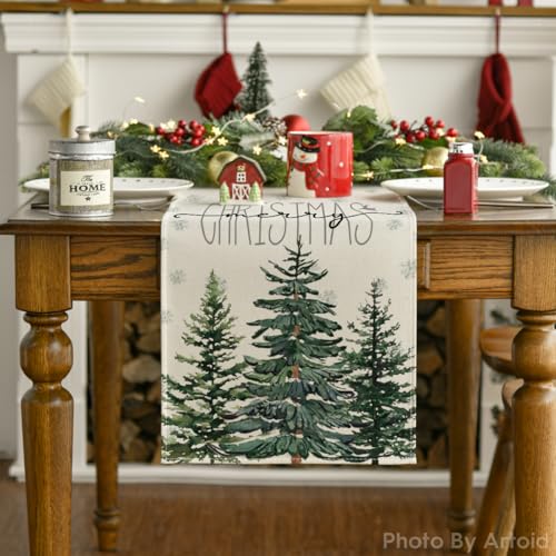 Beige Pine Tree Snowflake Christmas Table Runner, Winter Holiday Kitchen Dining Table Decor, 13 x 72 Inch Z426