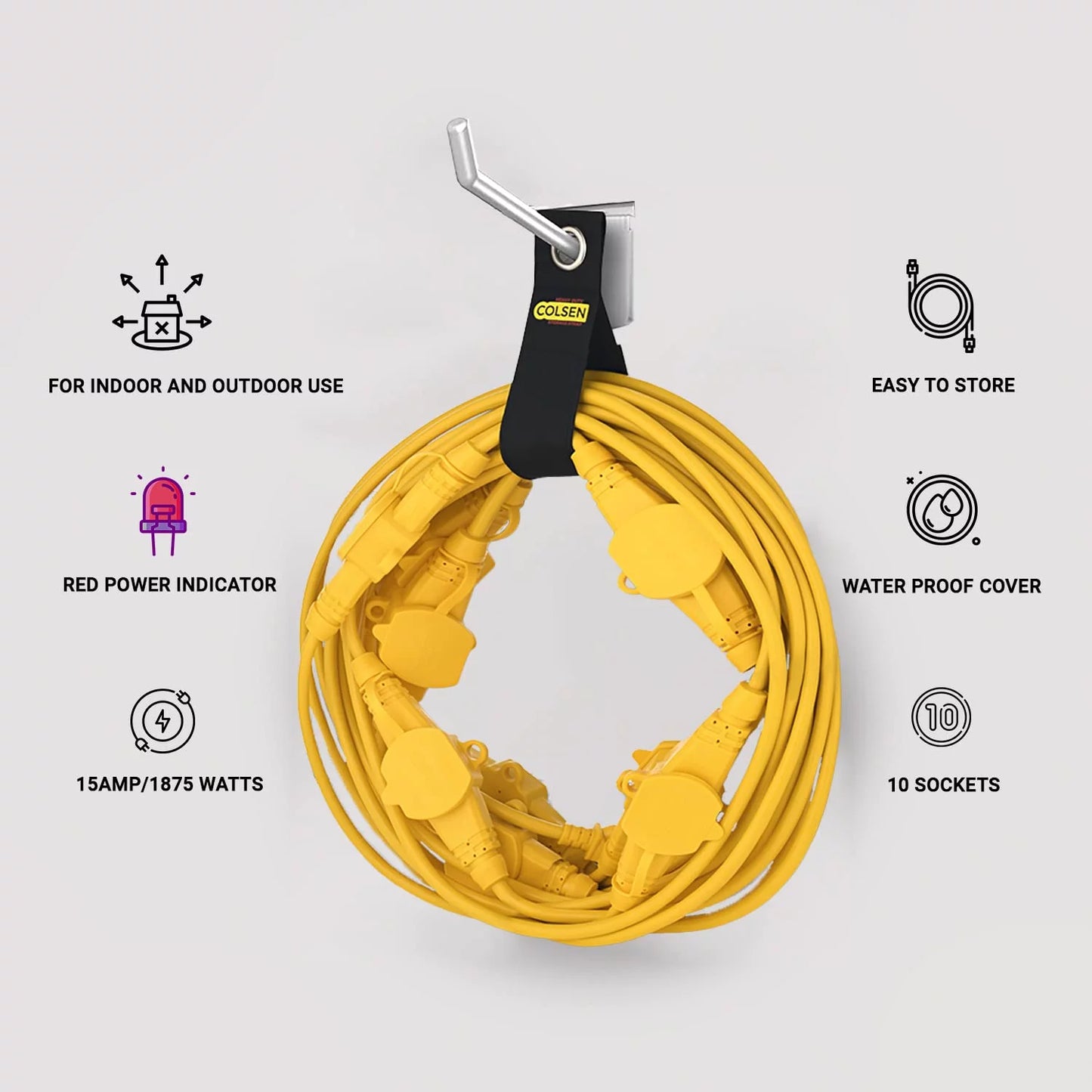 50FT Yellow Power Extension Cord 3 Prong Outlet with LED Indicator X79123