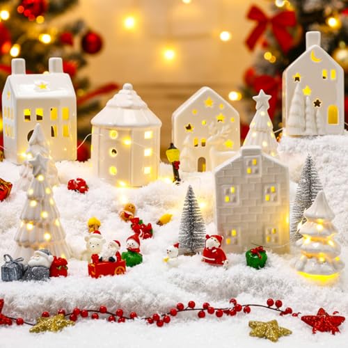 30 Pcs White Christmas Village Set Mini Figurines with LED Lighted Ceramic Houses and Trees I571