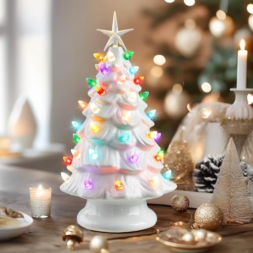Ceramic Christmas Tree, Pre-lit Tabletop with Multicolored LED Lights, Battery Operated G1053