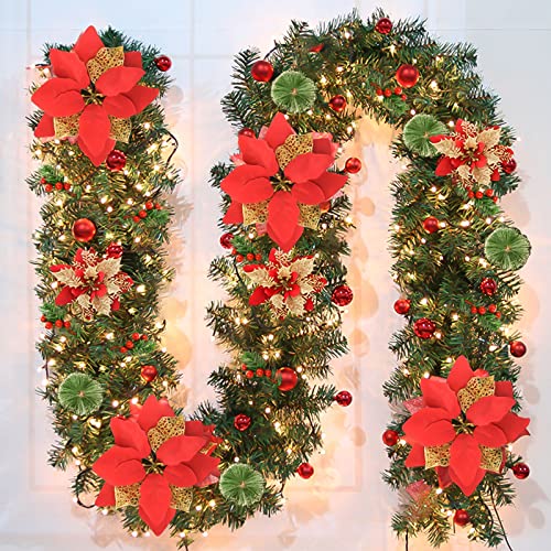Pre-lit Christmas Garland with LED Lights, Red Flowers and Berries C561701