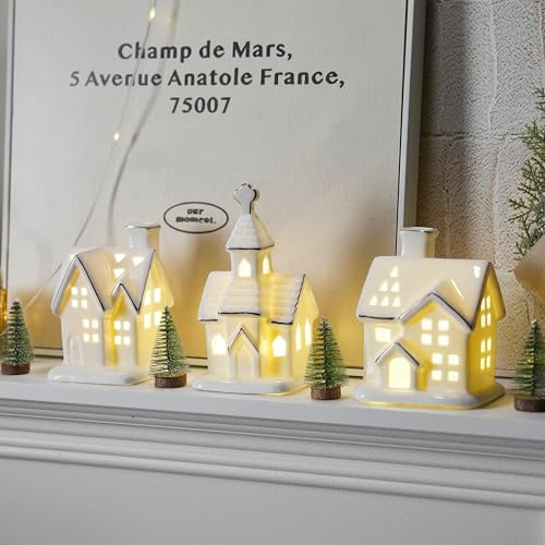 Ceramic Christmas Village Houses with LED Lights, 3 Pieces with Trees Y512