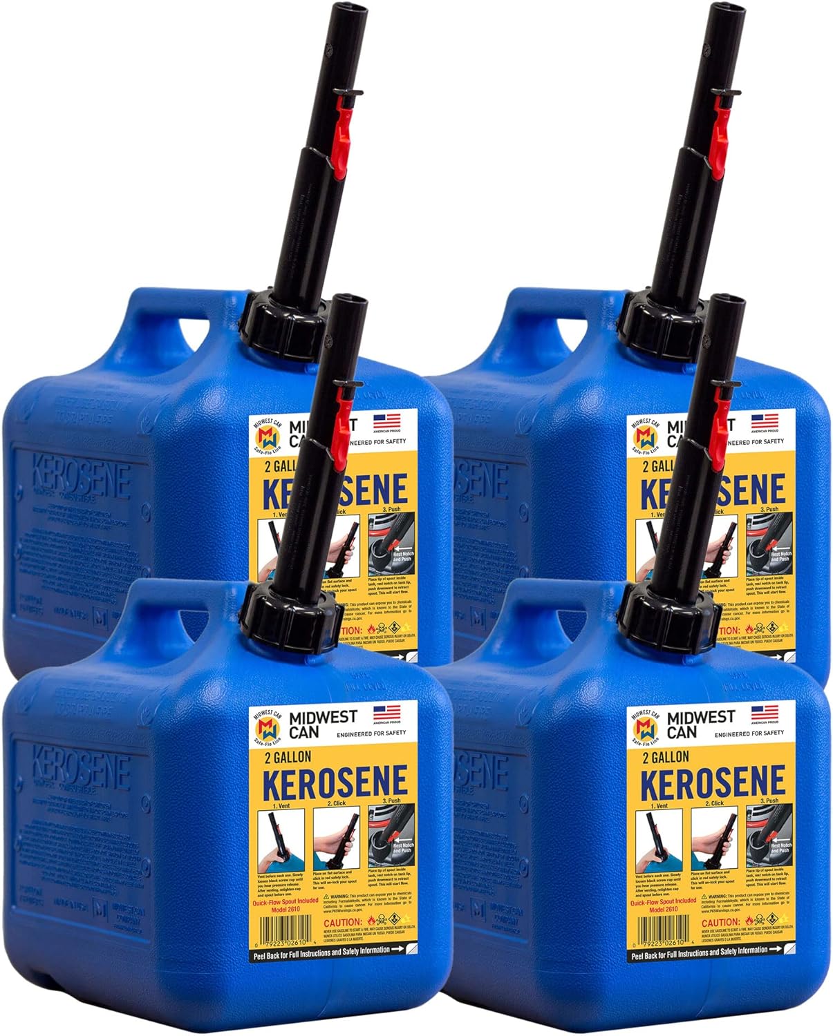 Midwest Can Company 2610 2-Gallon EPA & CARB Compliant Kerosene Gas Can Fuel Container with Flame Shield System, Blue (4 Pack)
