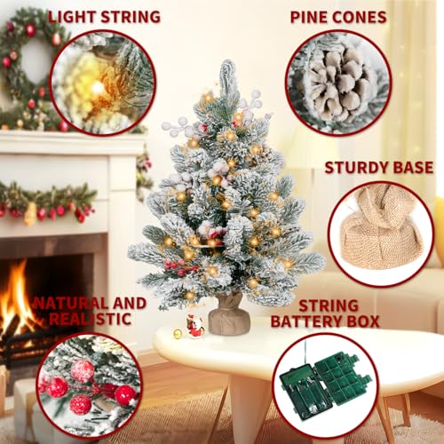 Flocked Artificial Mini Christmas Tree with Lights, Tabletop Decor T336