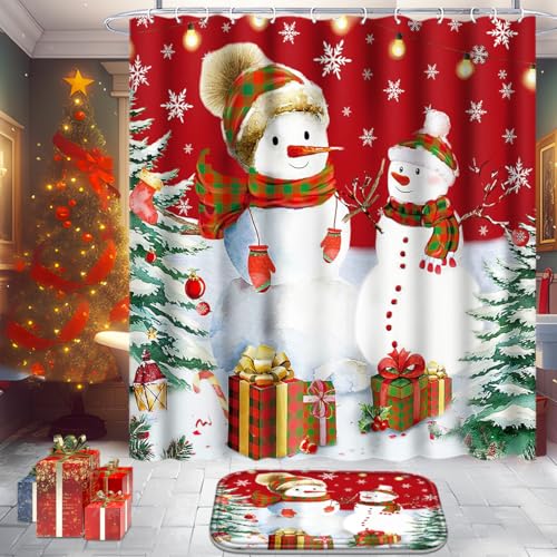 Christmas Bathroom Set with Shower Curtain, Rugs, and Hooks A88035