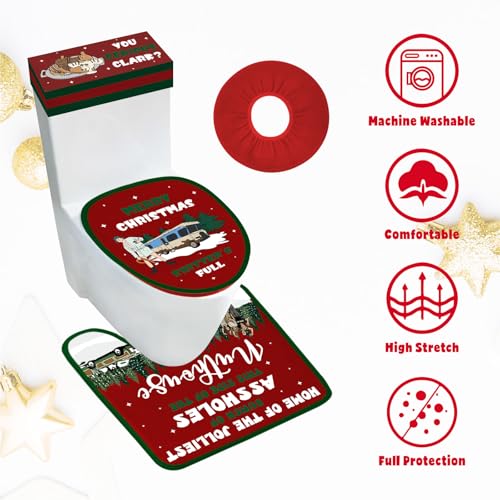 Christmas Vacation Bathroom Decorations, Set of 4 Holiday Toilet Seat Cover Sets with Rug and Tank Cover E112979