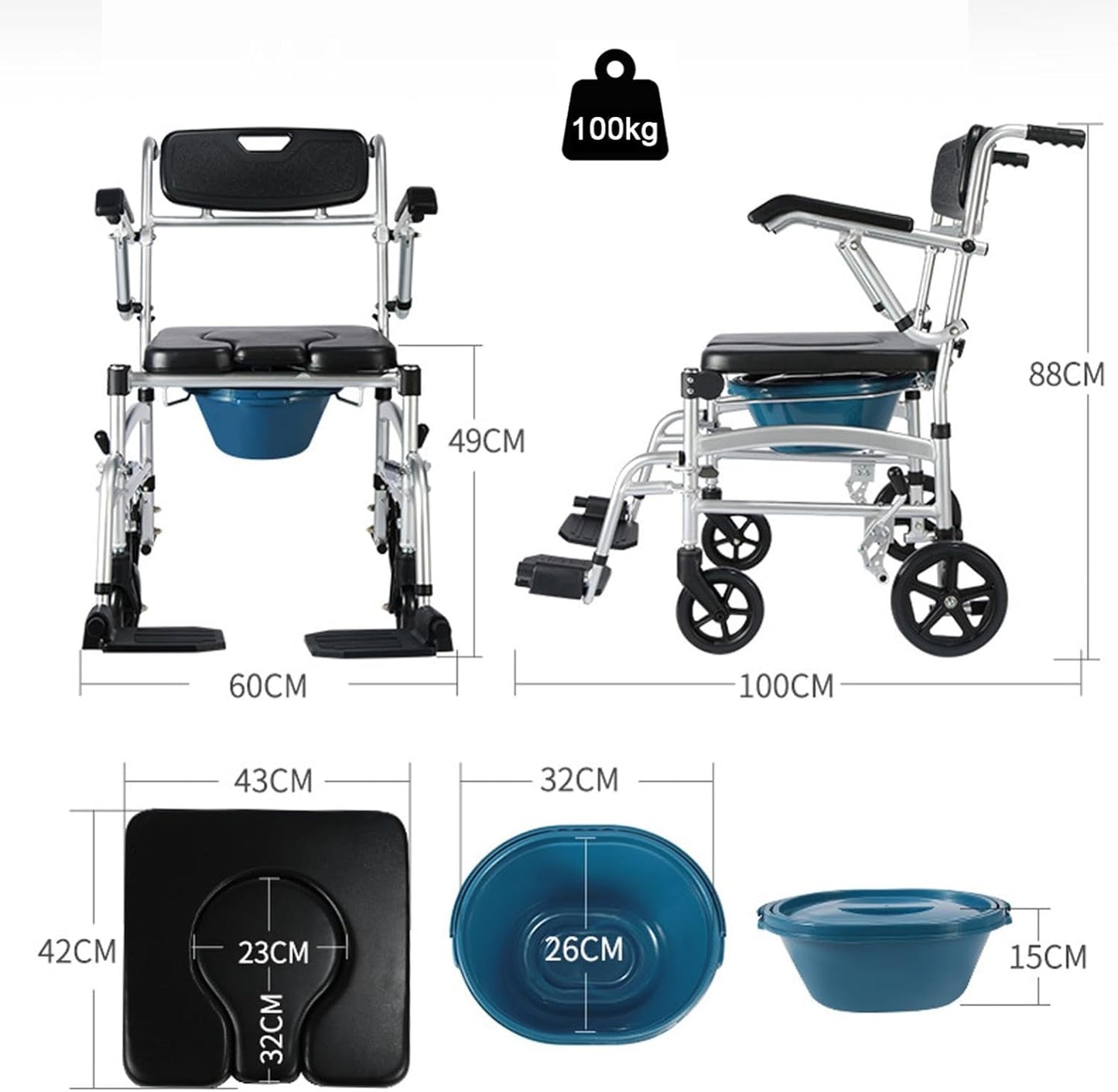 Shower Wheelchair with Wheels, Portable Commode Chair for Elderly P2962