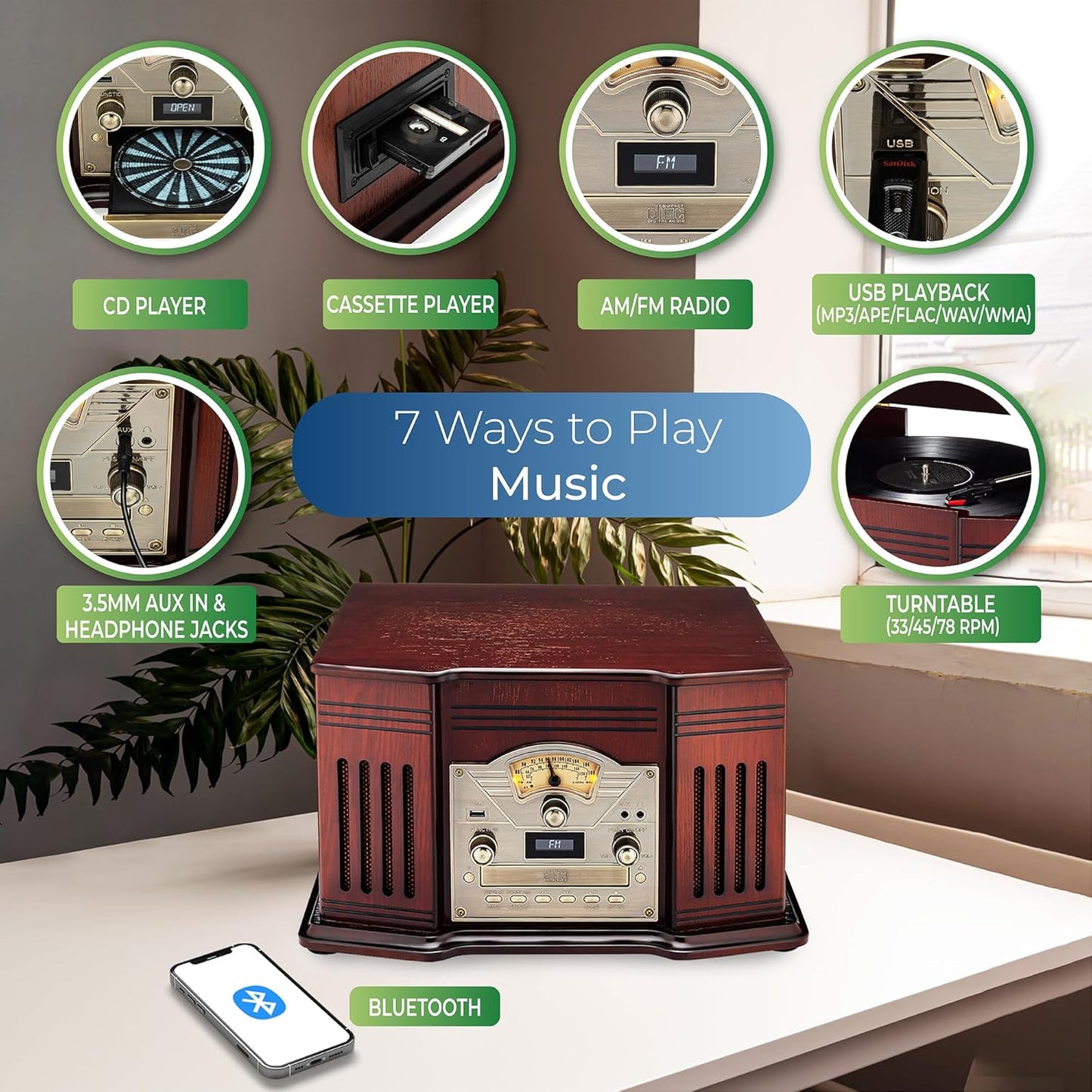 All-in-One Turntable with 3-Speed Record Player, Bluetooth, CD, Cassette, AM/FM Radio, USB V697