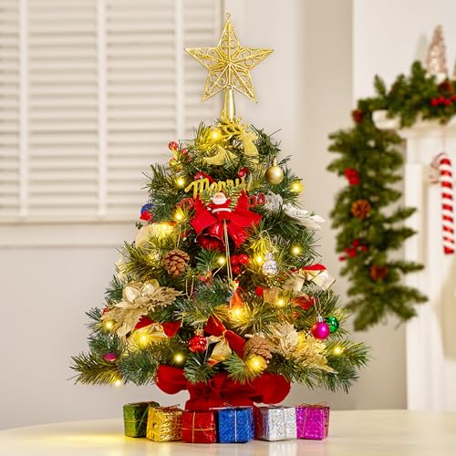 24" Mini Christmas Tree Tabletop Set with LED Lights and Ornaments V8406