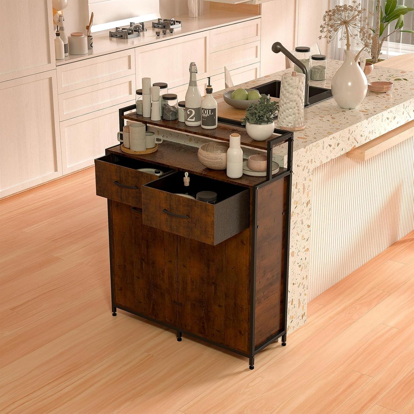 Dual Tilt-Out Trash Cabinet with 2 Drawers and Shelf, 10 Gallon A642207