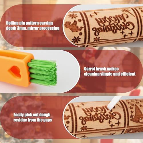 Wooden Rolling Pin for Baking with Christmas Embossed Designs, Includes Cleaning Brush O863