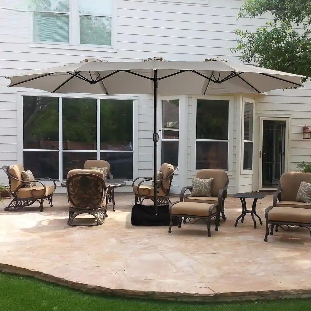 15ft Double Sided Patio Umbrella with Base, Hand-Crank Lift, UV Resistant P44740
