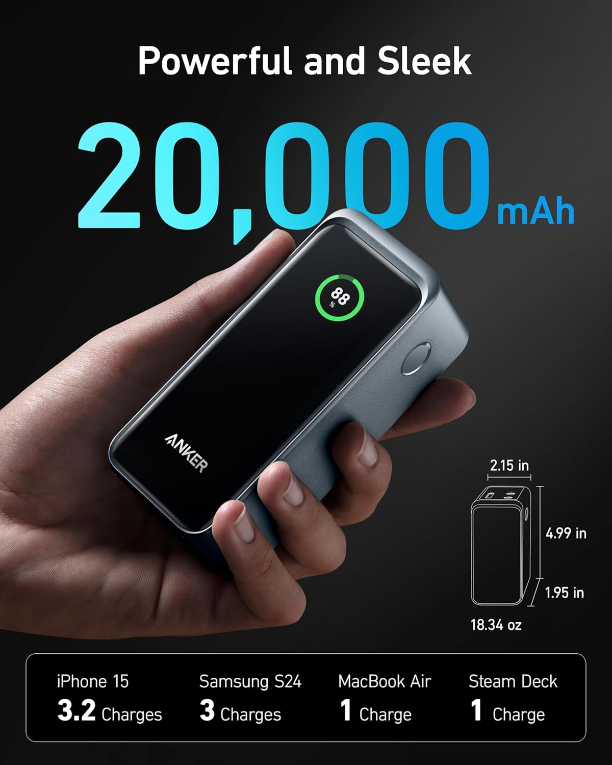 20,000mAh Portable Charger with 200W Output and Built-in USB-C Cable M329496