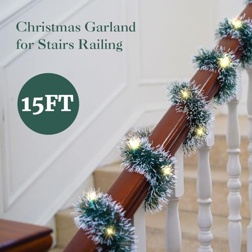 Christmas Garland with Lights 15FT, Artificial for Mantle Stairs Railing K70835
