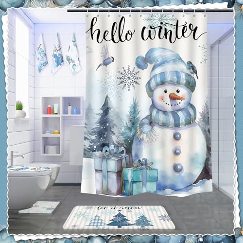 7 Pcs Christmas Shower Curtain Set with Non Slip Rugs, Toilet Cover and Towels U40957