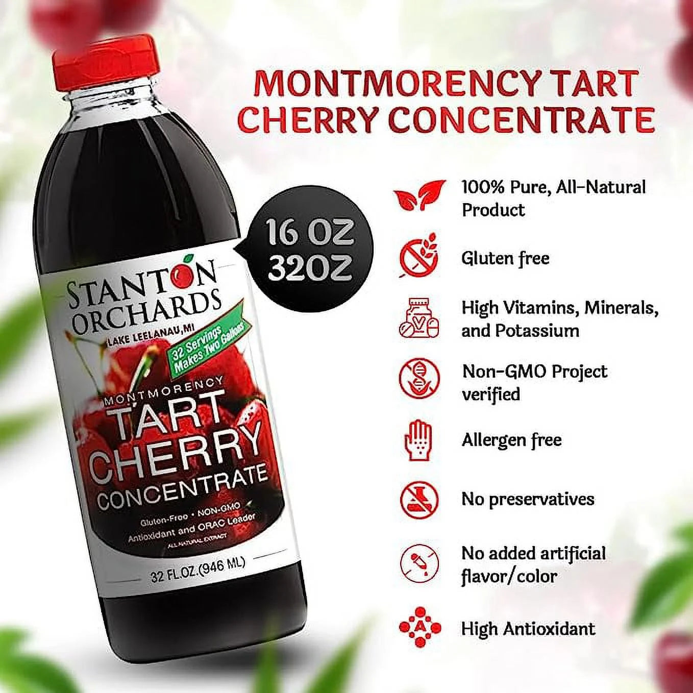 Tart Cherry Montmorency Concentrate Juice, 32 Fl Oz, 2 Pack Q49558