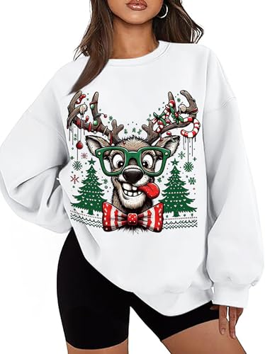 Funny Reindeer Graphic Sweatshirt Oversized Christmas Pullover J1348