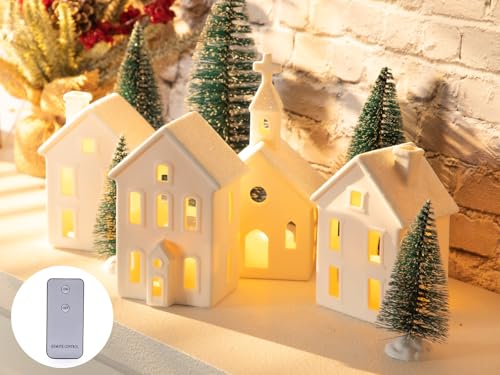 7PCS Christmas Village Sets - 3 LED Lighted Ceramic Houses with Remote & 4 Trees, Porcelain Miniature Decorations X236956