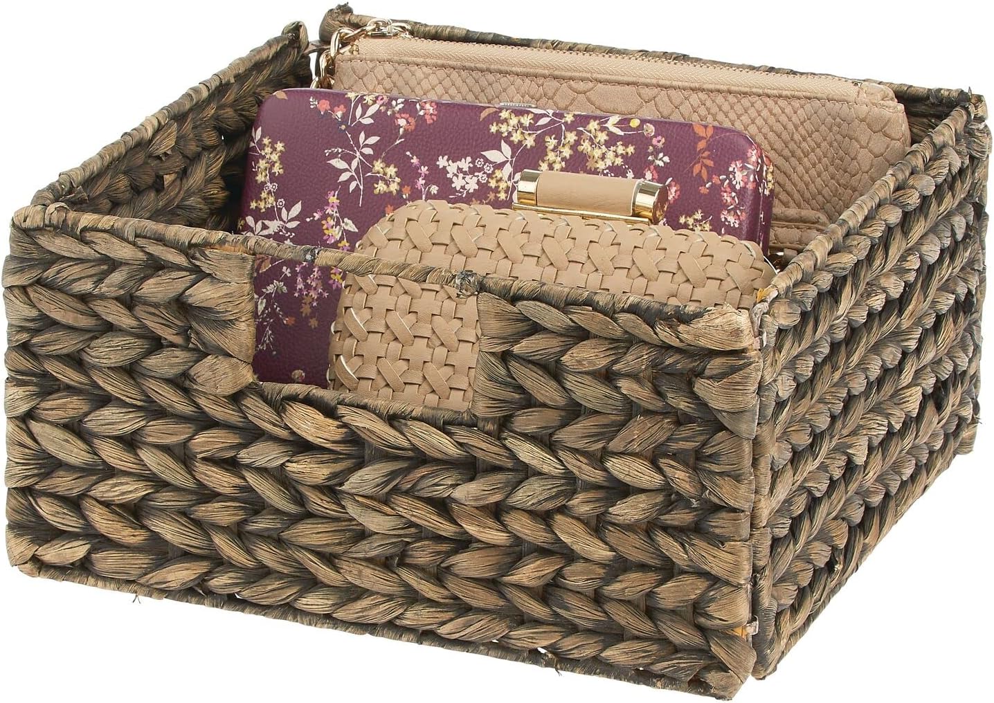 Woven Hyacinth Storage Bin Basket Organizer with Handles, Foldable Square Bins, 4 Pack, Brown Wash C2927