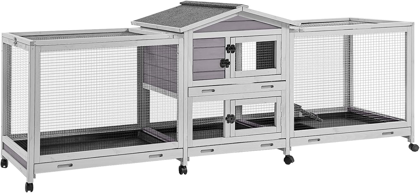 93.7" Large Rabbit Hutch Indoor & Outdoor, Rabbit Cage with 8 Wheels, Bunny Hutch with 4 Deep No Leakage Pull Out Trays