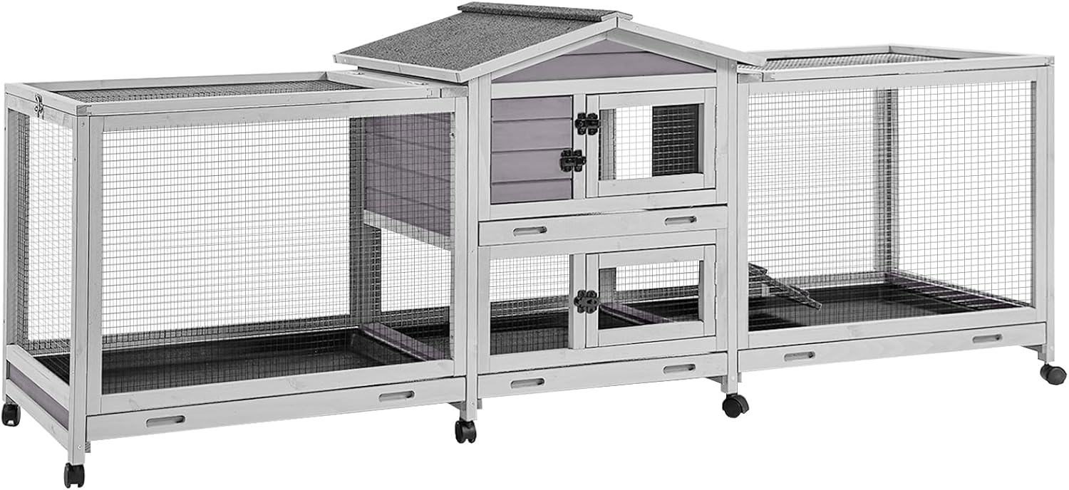 93.7" Large Rabbit Hutch Indoor & Outdoor, Rabbit Cage with 8 Wheels, Bunny Hutch with 4 Deep No Leakage Pull Out Trays