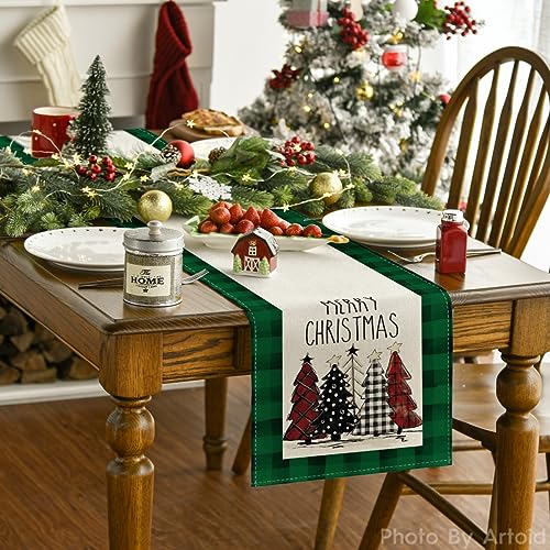 Buffalo Plaid Christmas Trees Table Runner, Winter Holiday Kitchen Dining Decor, 13 x 108 Inch A940