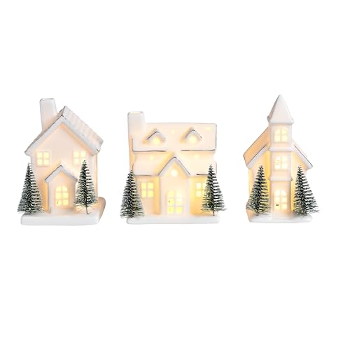 Ceramic Christmas Village Houses with LED Lights, 3 Pieces with Trees Y512